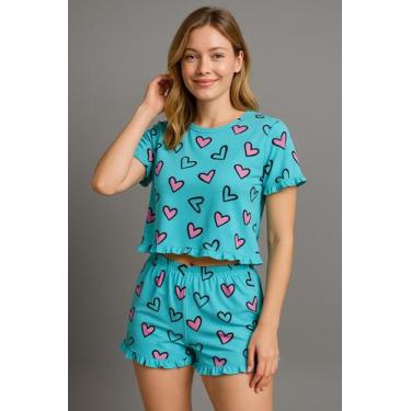 Imagem de Pijama Feminino Manga Curta Com Babado Estampado Baby Doll - NoBrand, 