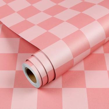 Imagem de YENHOME Papel de parede quadriculado rosa 43 cm x 1400 cm, papel de contato para armários e bancadas, papel de parede quadriculado autoadesivo para cozinha, banheiro, quarto, parede à prova d'água