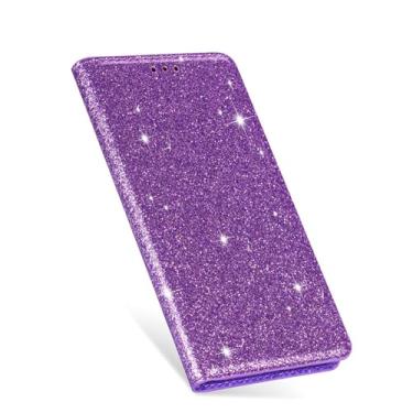 Imagem de LYJSMGZ Capa tipo carteira brilhante para iPhone 16E, capa de telefone feminina antiderrapante com fecho magnético, capa elegante, roxa, 16E