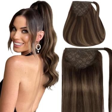 Imagem de Caliee Extensões De Cabelo Rabo Cavalo Longo 22 Polegadas Clipe Extensão R2-2-6A Balayage Castanho Escuro A Claro Humano Peruca Com Pente 90G
