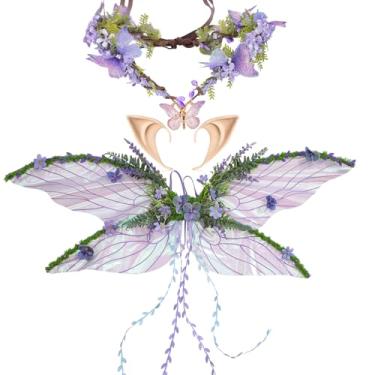 Imagem de RENEMEGO Conjunto de asas de fada roxas para adultos - 3 peças orelhas de elfo asas de elfo com folhas, coroa de flor de borboleta mãe natureza fantasia para adultos renascentista renfaire FairyCore