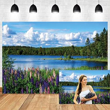 Imagem de DORCEV Cenário natural pacífico de 2,4 x 1,8 m, floresta, primavera, verão, floresta, lago, flores, céu azul, nuvens brancas, fotografia, viagem, piquenique, cenário, casamento, festa de aniversário