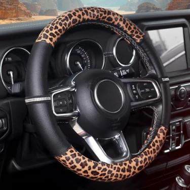 Imagem de Capa de volante leopardo de couro de 36 a 38 cm, strass brilhante, design antiderrapante, ajuste universal para carros, SUVs, decoração fofa para mulheres
