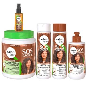 Imagem de Kit Óleo de Coco com Shampoo, Condicionador, Creme 5 em 1, Creme de Pentear e Óleo Salon Line