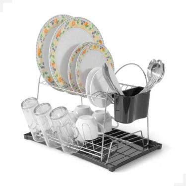 Imagem de Escorredor de pratos e copos duplo cromado com base e porta talheres e