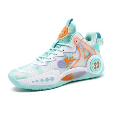 Imagem de Tênis de basquete masculino de cano alto, calçados esportivos de corrida com grafite da moda(Cyan,37 BR)