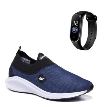 Imagem de Tênis Ortopédico Unissex Tipo Meia Ascension + Relógio Digital Fino | Calce Fácil, Leve, Confortável – Ideal para Caminhada, Academia e Uso Diário (Marinho e Branco, BR, Adulto, Numérico, 43)