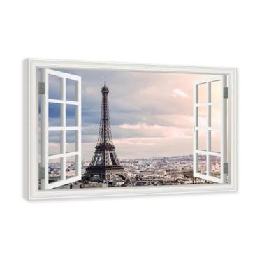 Imagem de Janela de arte de parede com impressão em tela. Vista de janela falsa. Impressão de imagem natural em tela. Arte de cenário para decoração de sala de estar. (Vista da Torre Eiffel de Paris 26