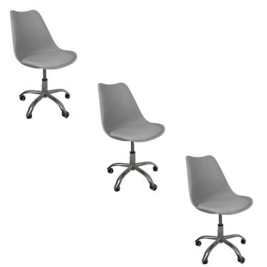 Imagem de Kit 3 Cadeiras Office Base Cromada Com Rodizio Giratória Saarinen Cinza