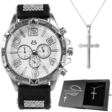 Imagem de Relogio Masculino Prata Aço Inox + Cordao Crucifixo + Caixa Ponteiro Robusto Silicone Social Pesado