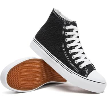 Imagem de Rominz Tênis feminino de lona de cano alto, moderno, bordado floral, branco e preto, casual, antiderrapante, leve, respirável, Preto, 41