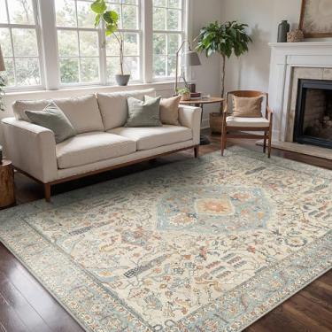 Imagem de GENIMO Tapete lavável 2,5 m x 25,4 m, tapetes grandes vintage com suporte antiderrapante, tapete ultrafino de fibra de tecido macio para sala de estar, quarto, sala de jantar, berçário, azul bege