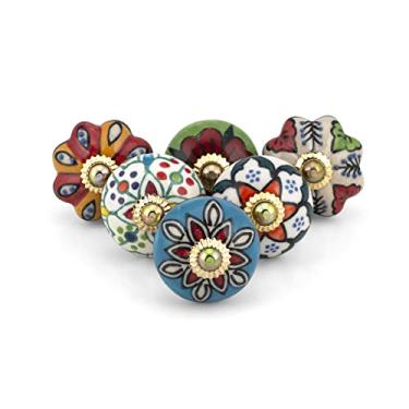 Imagem de Craft Trade Maçanetas para gavetas - Puxador de latão de cerâmica azul sortido para armários e cômodas, acessórios de ferragens de móveis antigos - Multicolorido - Pacote com 6