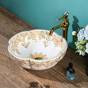 Imagem de jdzjybqx Tigela de pia marroquina para banheiro ouro branco cerâmica acima do balcão porcelana forma flor pias superiores para jardim de hotel, 1 pia apenas