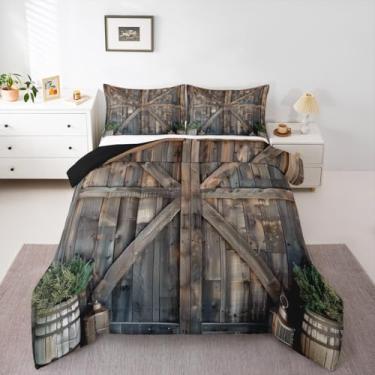 Imagem de Erosebridal Jogo de cama rústico com porta de celeiro, vintage, estilo oeste, casinha de fazenda, para crianças, caubói, marrom, madeira, campo, para decoração de quarto
