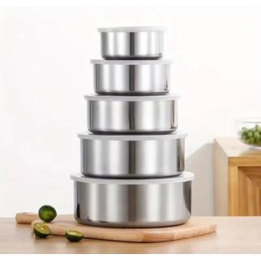Imagem de Conjunto de 5 Potes em Aço Inox com Tampa, Tigelas Empilháveis, Redondos