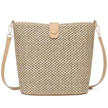 Imagem de ALARION Bolsas transversais de palha para mulheres, bolsa de praia de tecido de verão, ráfia, bolsa de ombro, alças de couro, bolsa clutch de palha para férias, Cáqui - maior, Larger, Bolsa tiracolo