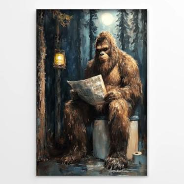 Imagem de Pôster engraçado Sasquatch Reading Newspaper Bathroom Wall Art Whimsical Rustic Bigfoot Pine Trees Forest Outdoor Scene Humor Impressão em tela para escritório, banheiro, quarto masculino, decoração