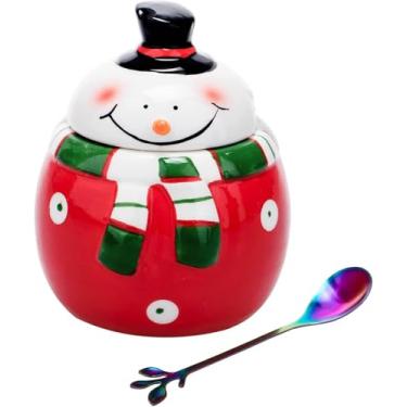 Imagem de HPYNPES Açucareiro de cerâmica com tampa e colher - Recipiente de açúcar elegante com design fofo de boneco de neve de Natal - Decorações de Natal - Durável, pote de açúcar hermético com colher