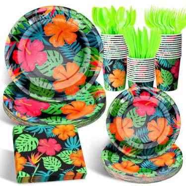 Imagem de Havawish 168 peças de artigos para festa havaiana aloha havaiana 17,8 cm 23,8 cm pratos de papel Luau descartáveis, copos, guardanapos, faca, garfo, colher, servir 24 convidados, para decoração de