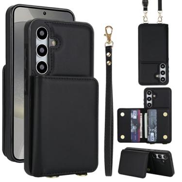 Imagem de Capa carteira de couro PU para Samsung Galaxy S24, 4 compartimentos para cartões e 2 compartimentos para dinheiro, bloqueio RFID, alça destacável, capa com suporte antiarranhões e à prova de choque