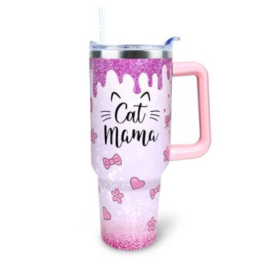 Imagem de XAIVEZL Copo Cat Mama Tumbler 1,134 g com alça e tampa de canudo à prova de vazamento - Presentes de aniversário para mulheres, caneca de café de viagem, isolada para gelo quente e frio - Presentes de