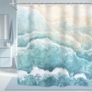 Imagem de Riyidecor Cortina de chuveiro náutica costeira azul petróleo para decoração de banheiro 72Wx78H praia oceano onda mar abstrato moderno litoral minimalista arte impressa tecido poliéster impermeável