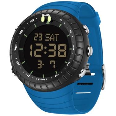 Imagem de findtime Relógio digital masculino tático à prova d'água com números grandes, alarme, cronômetro, esportivo, corrida, militar, relógio de pulso eletrônico simples, Azul, Casual
