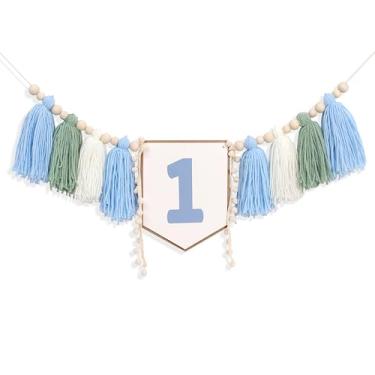 Imagem de Banner de cadeira alta de 1º aniversário azul sálvia marfim para meninos - decorações de 1º aniversário para meninos, faixa de borla de fio de cadeira alta azul e verde