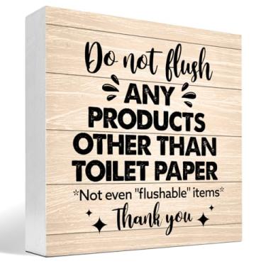 Imagem de Do Not Flush Any Products Not Flush Other Than Toilet Paper Bathroom Wooden Box Sign, Funny Bathroom Wood Block Sign Desk Shelf Decor (cor de madeira)