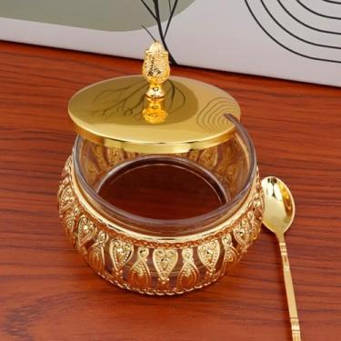 Imagem de Tsnamay Decoração turca em relevo com padrão dourado, liga de zinco tampa de ferro flip top potes de doces em relevo com tampa e colher 11 x 9 cm para buffet de cozinha de casamento estilo A