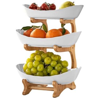 Imagem de Toyosport Cesta de frutas de 3 camadas para cozinha, moldura de madeira branca com tigelas de cerâmica, suporte de frutas para bancada, fácil montagem, ideal para armazenamento doméstico e organização