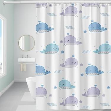 Imagem de Bestfaith Forro de cortina de chuveiro de plástico, cortina de chuveiro premium EVA 5G Little Whale, cortinas de chuveiro para banheiro com 3 pesos magnéticos e ilhós à prova de ferrugem (baleia, 183