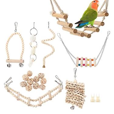 Imagem de Conjunto de brinquedos para mastigar papagaios, rede suspensa de madeira, brinquedos de balanço para gaiola de pássaros, escada de escalada em rede, acessórios de gaiola para