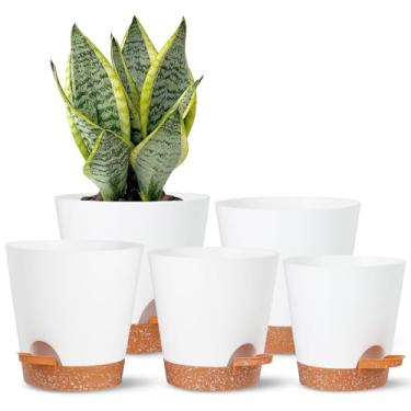 Imagem de SE SUN-E Vasos autoirrigáveis para todas as plantas de interior, vasos de plantio de flores com orifício de drenagem e reservatório plantador de suculentas de plástico branco decorações modernas/ideia de presente pacote com 5