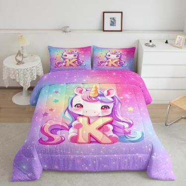 Imagem de jejeloiu Conjunto de edredom fofo de unicórnio, solteiro, letra kawaii, unicórnio, presente para mulheres, adolescentes, monograma, edredom personalizado, inicial K, microfibra colorida, 2 peças com 1