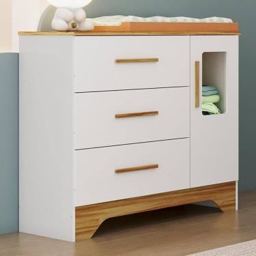 Imagem de Cômoda Infantil Popy Retrô Plus 1 Porta Com Janela E 3 Gavetas Branco Brilho/amêndoa - Móveis Peroba