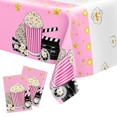 Imagem de Remagr Pacote com 2 toalhas de mesa de plástico rosa para noite de cinema, toalhas de mesa de pipocas de teatro, descartáveis, para festivais de cinema, festas de aniversário, decorações 137 x 272 cm