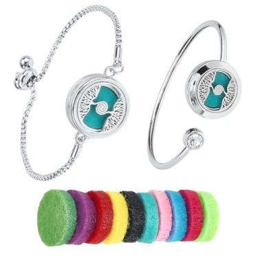 Imagem de SUNNYCLUE 1 caixa com 2 conjuntos de pulseiras de óleo essencial árvore da vida com 10 almofadas de refil difusor de aromaterapia de aço inoxidável ajustável corrente pingente joia para mulheres
