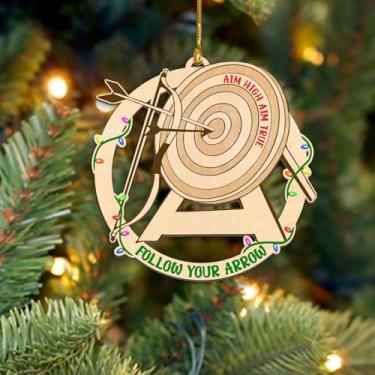 Imagem de Enfeite de madeira de Natal com arqueiro, enfeite de arqueiro para árvore, arco de tiro com arco, ornamentos de flecha e alvo, decoração de casa de Natal esportiva, presente de lembrança para homens e