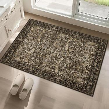 Imagem de Luxcrest Tapete marrom 2x3: tapetes florais vintage laváveis para entrada corredor cabeceira cozinha interior - tapete macio antiderrapante resistente a manchas - marrom e dourado