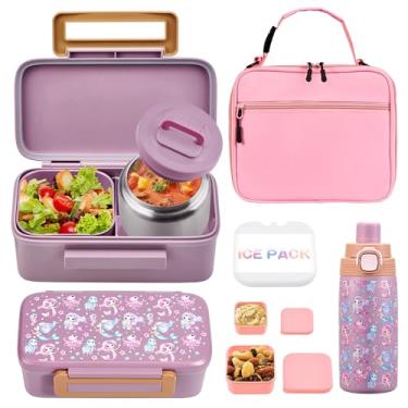 Imagem de MAISON HUIS Bento Box para crianças com garrafa térmica de sopa de 227 g, lancheira isolada e garrafa de água de 500 ml, caixa bento de 2 compartimentos com pacote de gelo embutido, à prova de