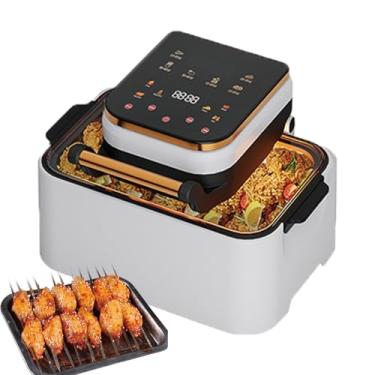 Imagem de Fritadeira a ar com painel de controle digital, janela visível, ampla faixa de temperatura de 70-200 °C, tempo preciso de 1 a 60 minutos, ciclo de cozimento de 360 °