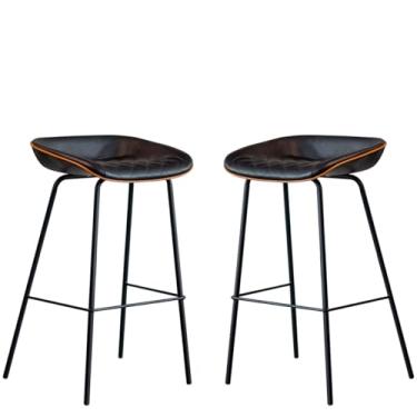 Imagem de Kit 2 Cadeira Banqueta Alta Com Assento Estofado em Couro Preta Leather EdeCasaMoveis