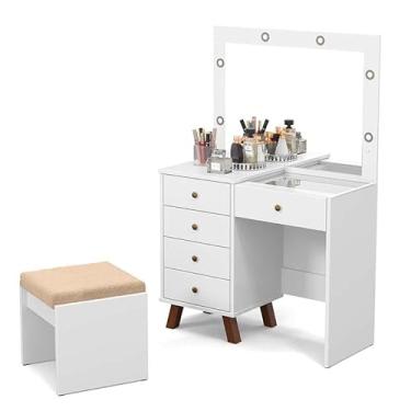 Imagem de Penteadeira Camarim LED Com Banqueta Espelho 5 Gavetas 95cm Mel Patrimar Branco