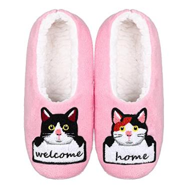 Imagem de ZYZX Chinelo de gato para mulheres, para o inverno, aconchegante, macio, macio, térmico, engraçado, chinelos, antiderrapante, forro de sherpa, meias felpudas para uso interno com pegas, chinelos para