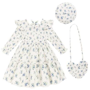 Imagem de Toddler Girl Dress Kids Long Sleeve Ruffle Dresses Fall Winter Outfit Hat Bag Floral Girls Casual Playwear Dress