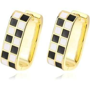 Imagem de Brincos de argola ovais grossos xadrez para mulheres, ouro 14 quilates, minimalista, minúsculo, branco, preto, esmaltado, redondo, xadrez, joias modernas, presentes de Natal, Medium, Metal, Sem pedra