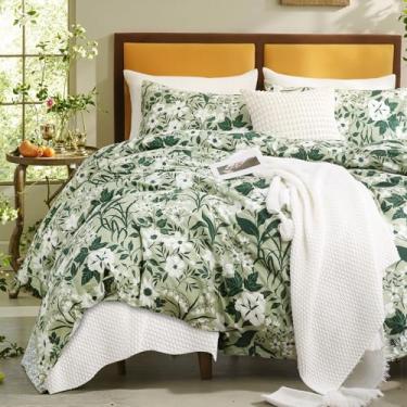 Imagem de Cozaline Capa de edredom de flor branca King 100% algodão decorativo verde esmeralda floral conjunto de 3 peças capa de edredom verde escuro botânico com laços com zíper, 2 fronhas, roupa de cama