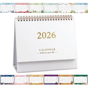 Imagem de Calendário de mesa pequeno 2025-2026, calendário mensal dobrável em pé, 19 x 17 cm, agenda, agenda, agenda, papel grosso, encadernação de fio duplo para decoração de ano novo (branco)